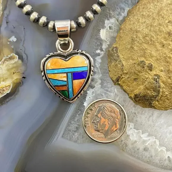 Native American Sterling Silver Heart Shape Multi Stone Inlay Pendant For Women - Picture 8 of 10